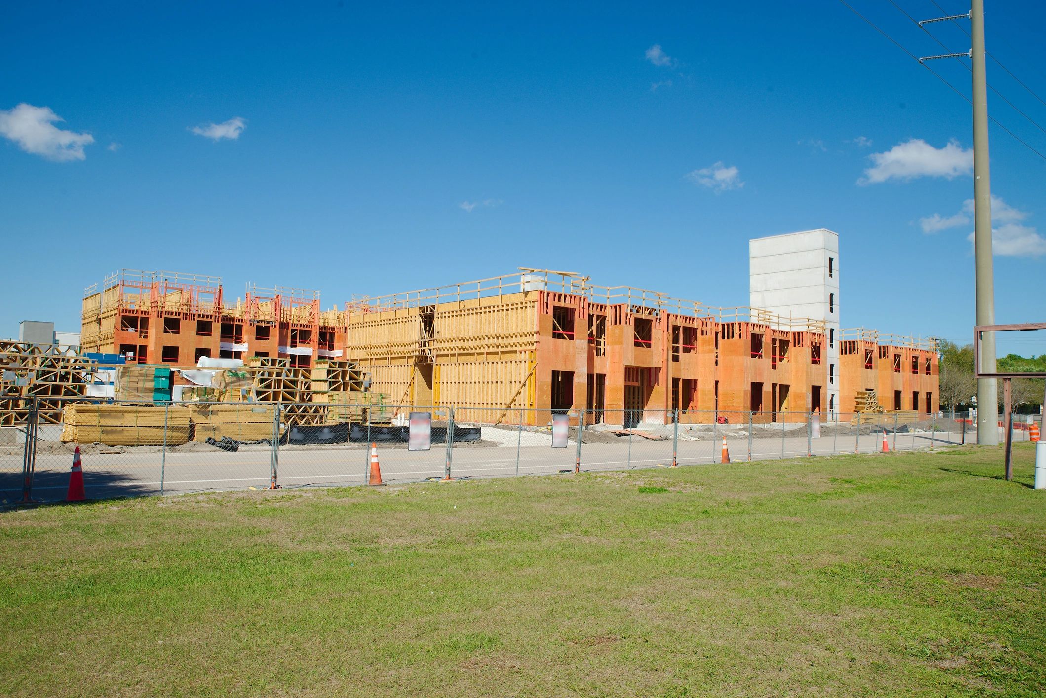 Framing structure under construction on a commercial-style job site